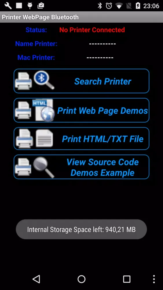 Printer WebPage Bluetooth Screenshots