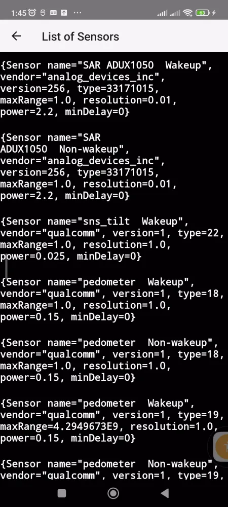 Sensor List Screenshots