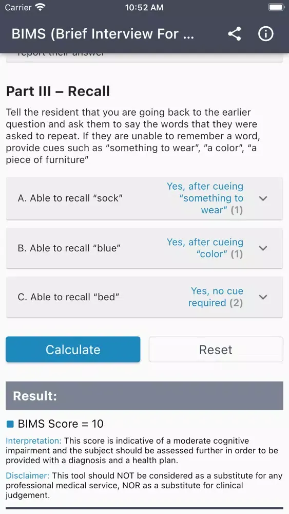Ảnh chụp màn hình của BIMS Score Calculator