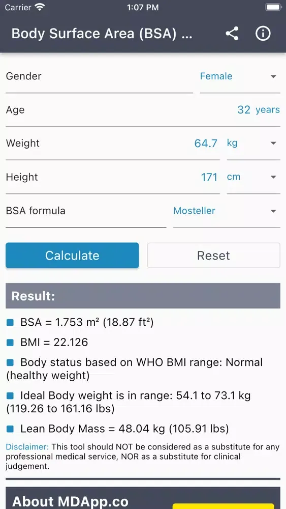 Captures d'écran de BSA Calculator - Body Surface