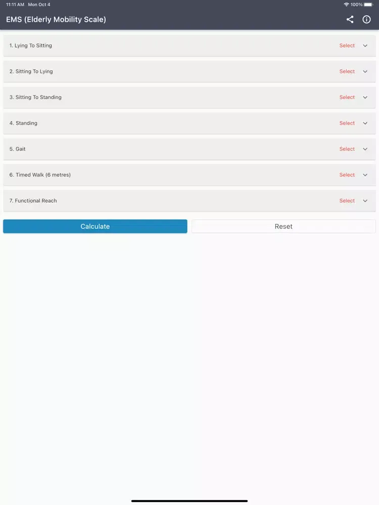 Capturas de tela do Elderly Mobility Scale (EMS) iPad 