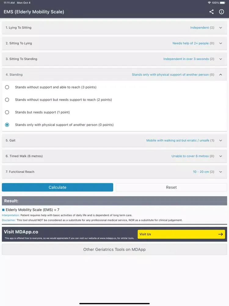 Capturas de tela do Elderly Mobility Scale (EMS) iPad 