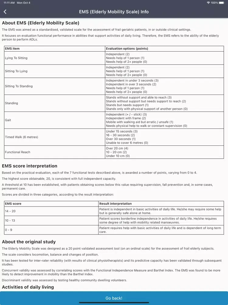 Capturas de tela do Elderly Mobility Scale (EMS) iPad 