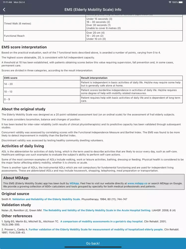 Capturas de tela do Elderly Mobility Scale (EMS) iPad 
