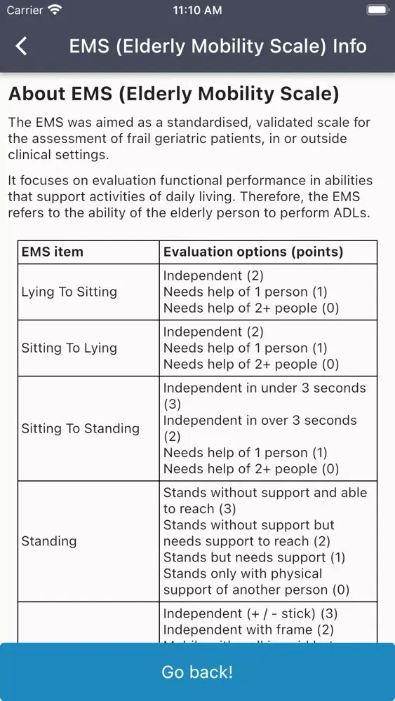 Capturas de tela do Elderly Mobility Scale (EMS)