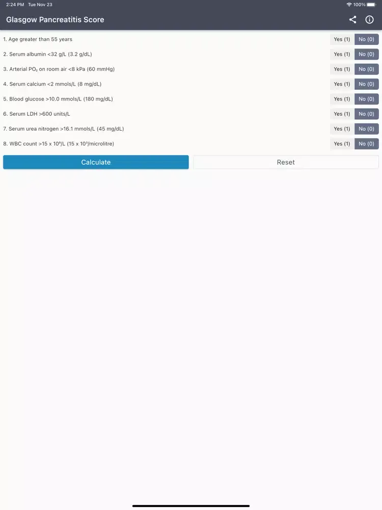 Tangkapan layar Glasgow Pancreatitis Score iPad 