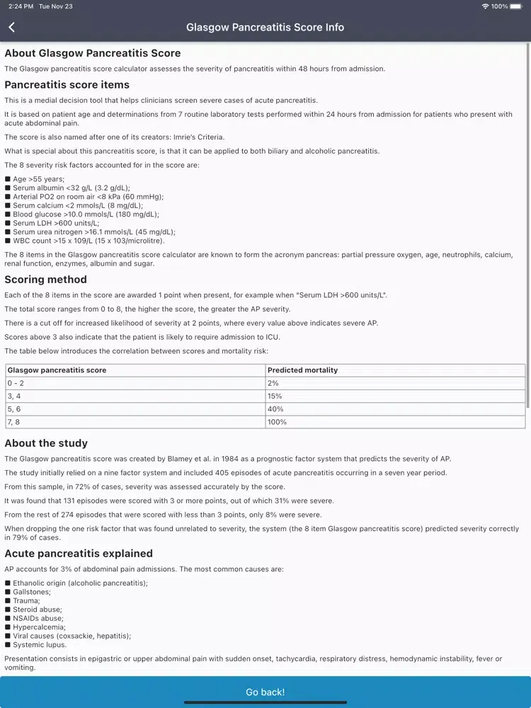 Tangkapan layar Glasgow Pancreatitis Score iPad 