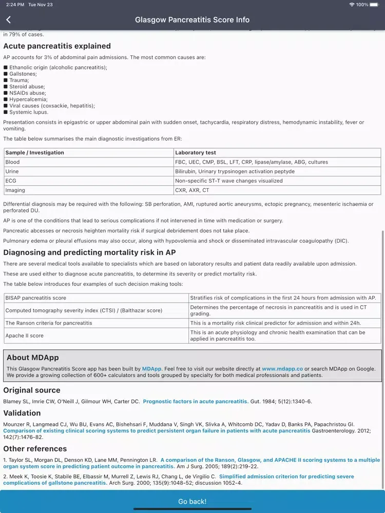 Tangkapan layar Glasgow Pancreatitis Score iPad 
