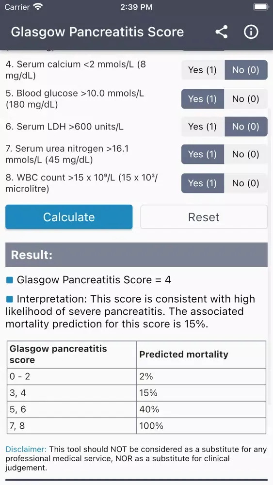 Tangkapan layar Glasgow Pancreatitis Score