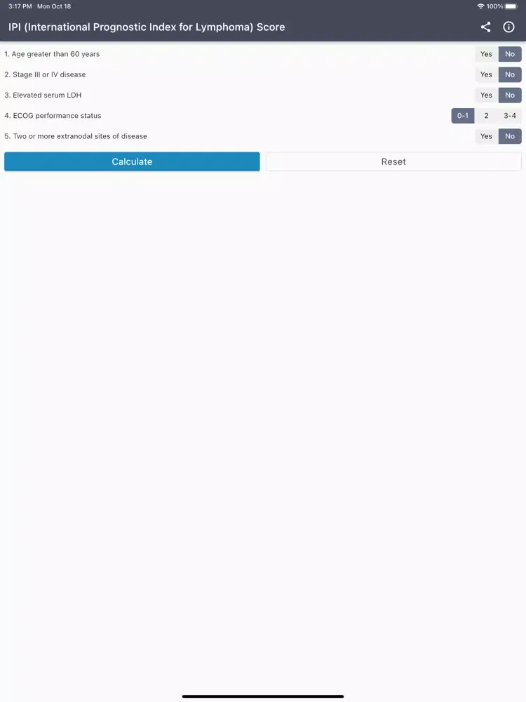 Lymphoma IPI Score Calculator iPad  स्क्रीनशॉट