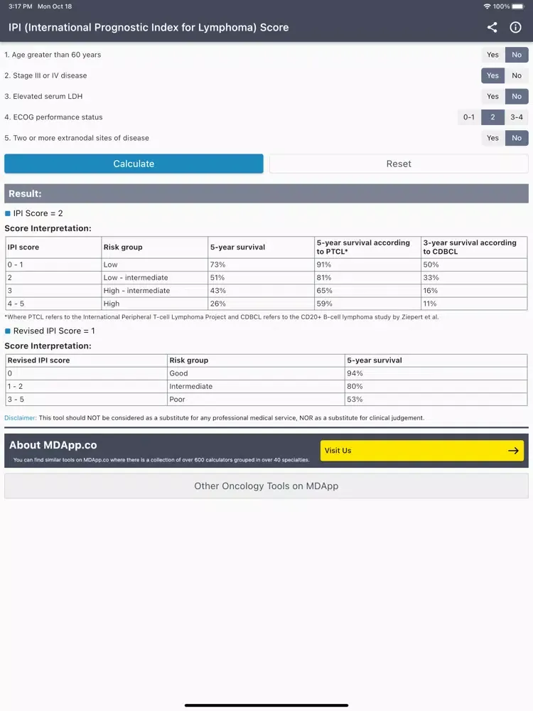 Lymphoma IPI Score Calculator iPad  स्क्रीनशॉट
