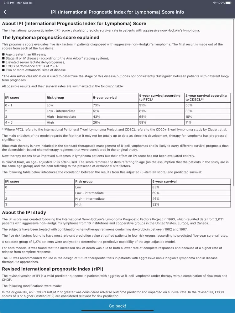 Lymphoma IPI Score Calculator iPad  स्क्रीनशॉट