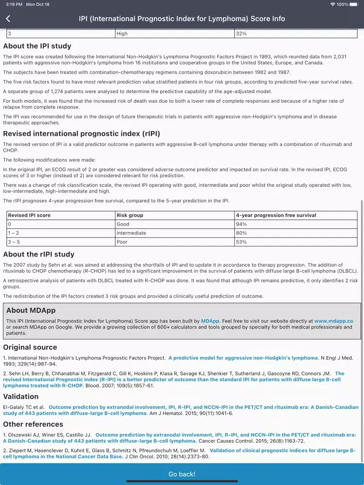 Lymphoma IPI Score Calculator iPad  स्क्रीनशॉट