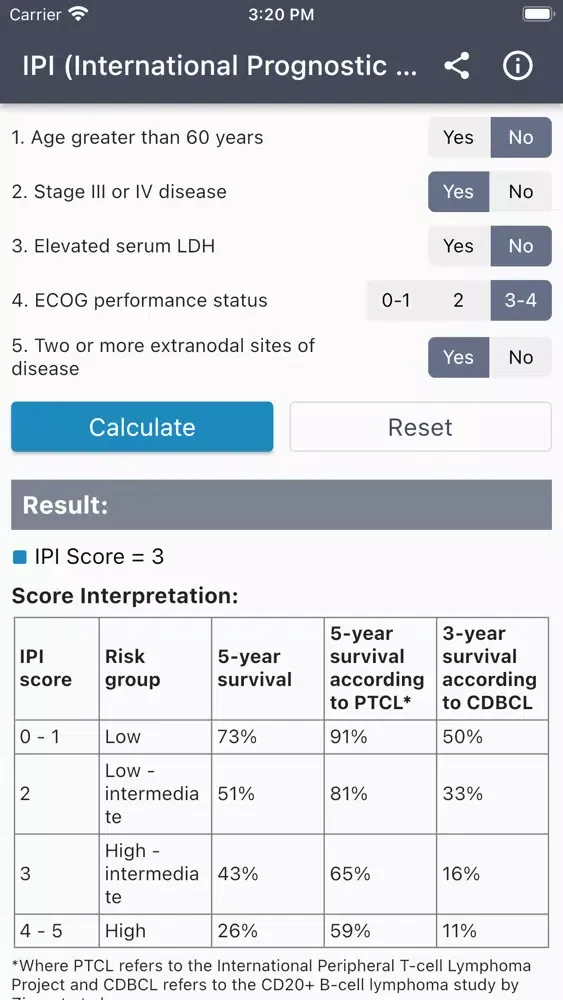 Lymphoma IPI Score Calculator स्क्रीनशॉट