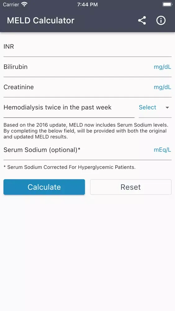 ภาพหน้าจอของ MELD Score Calc