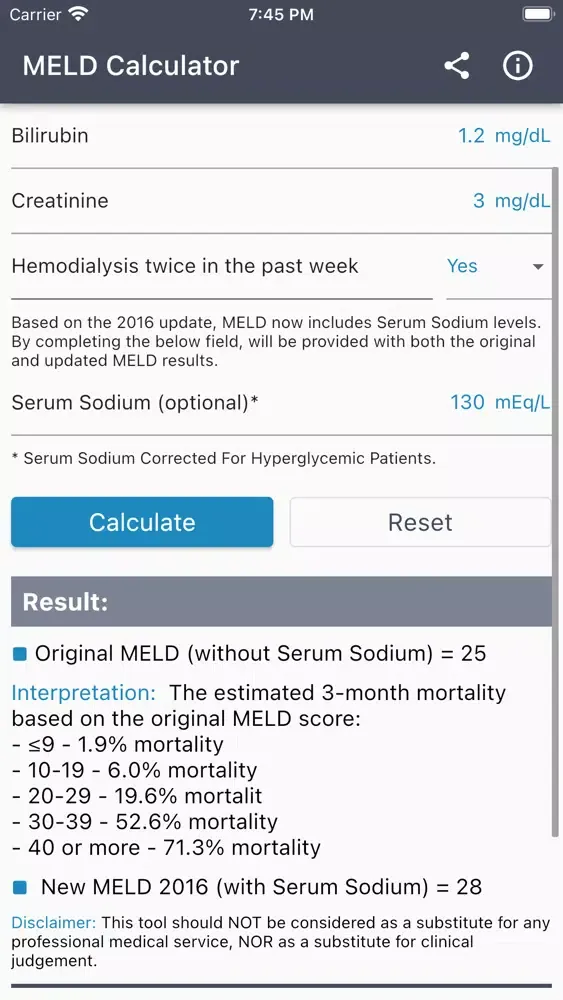 ภาพหน้าจอของ MELD Score Calc