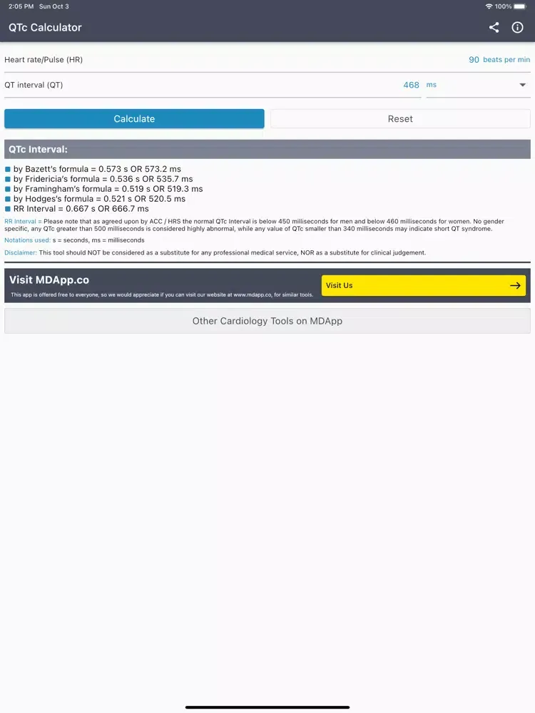Tangkapan layar QTc Calculator iPad 