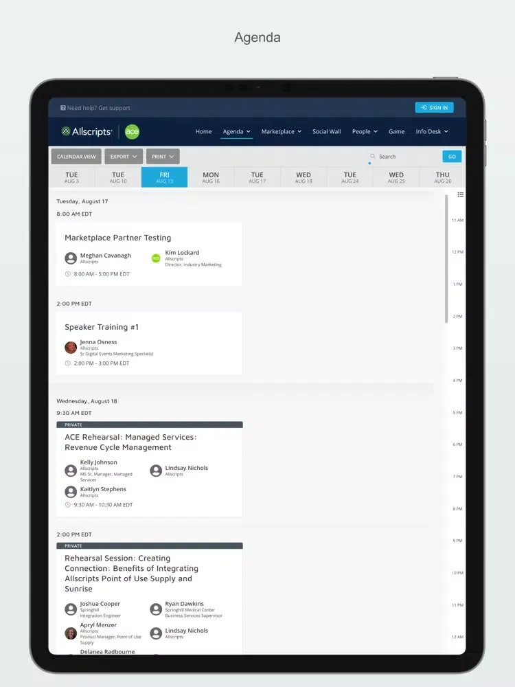 Capturas de tela do Allscripts ACE 2021 iPad 