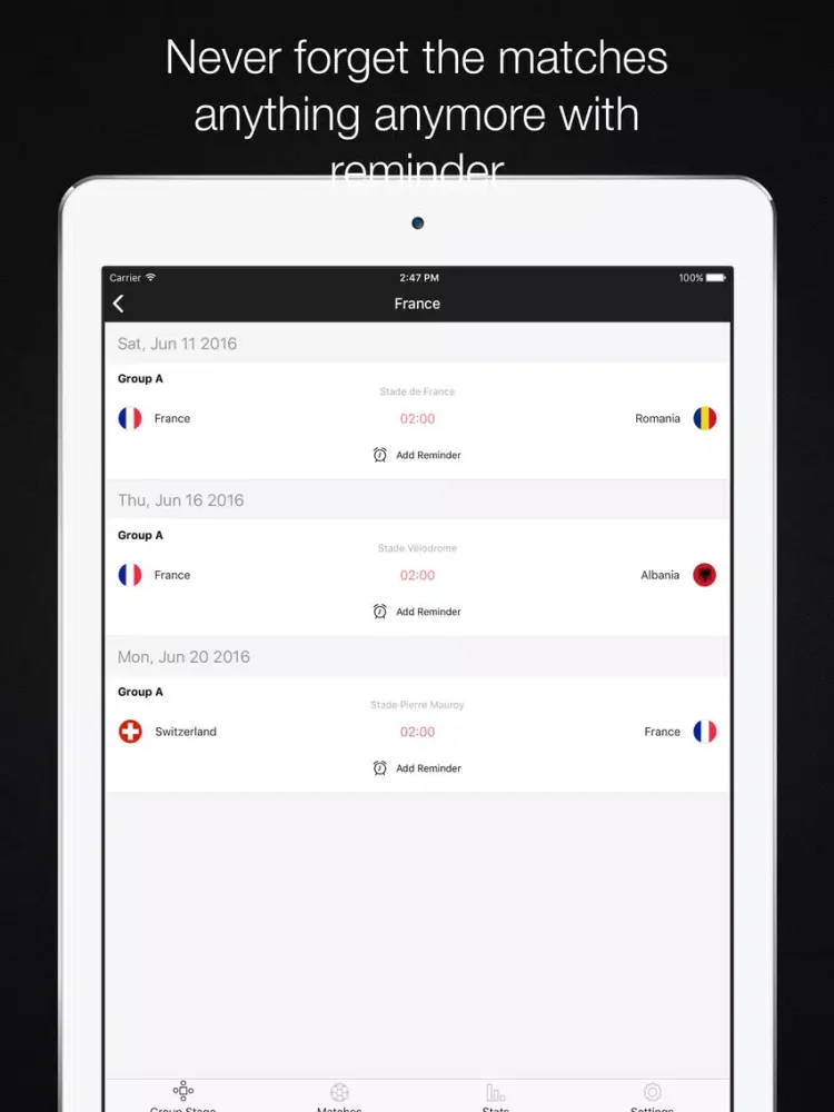 EURO 2016 - Scoreboard,Football schedule,Matches reminder iPad 應用截圖
