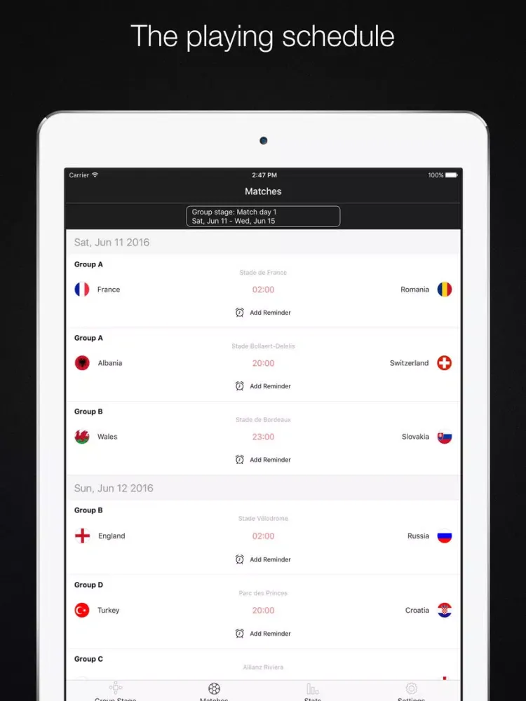 EURO 2016 - Scoreboard,Football schedule,Matches reminder iPad 應用截圖