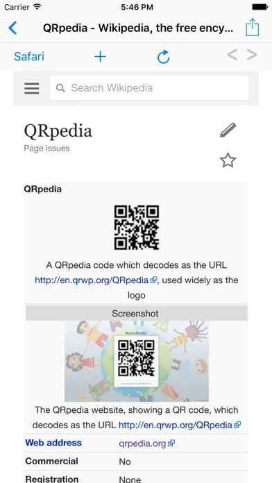 Capturas de tela do QRpedia