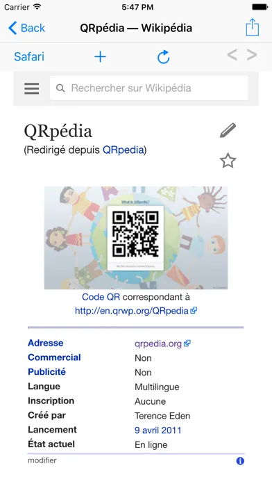 Capturas de tela do QRpedia
