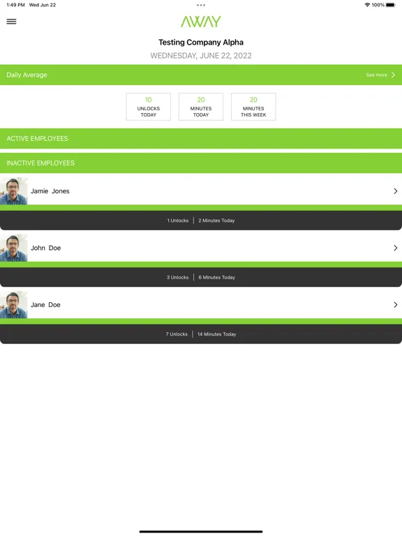 Tangkapan layar AWAY Business iPad 