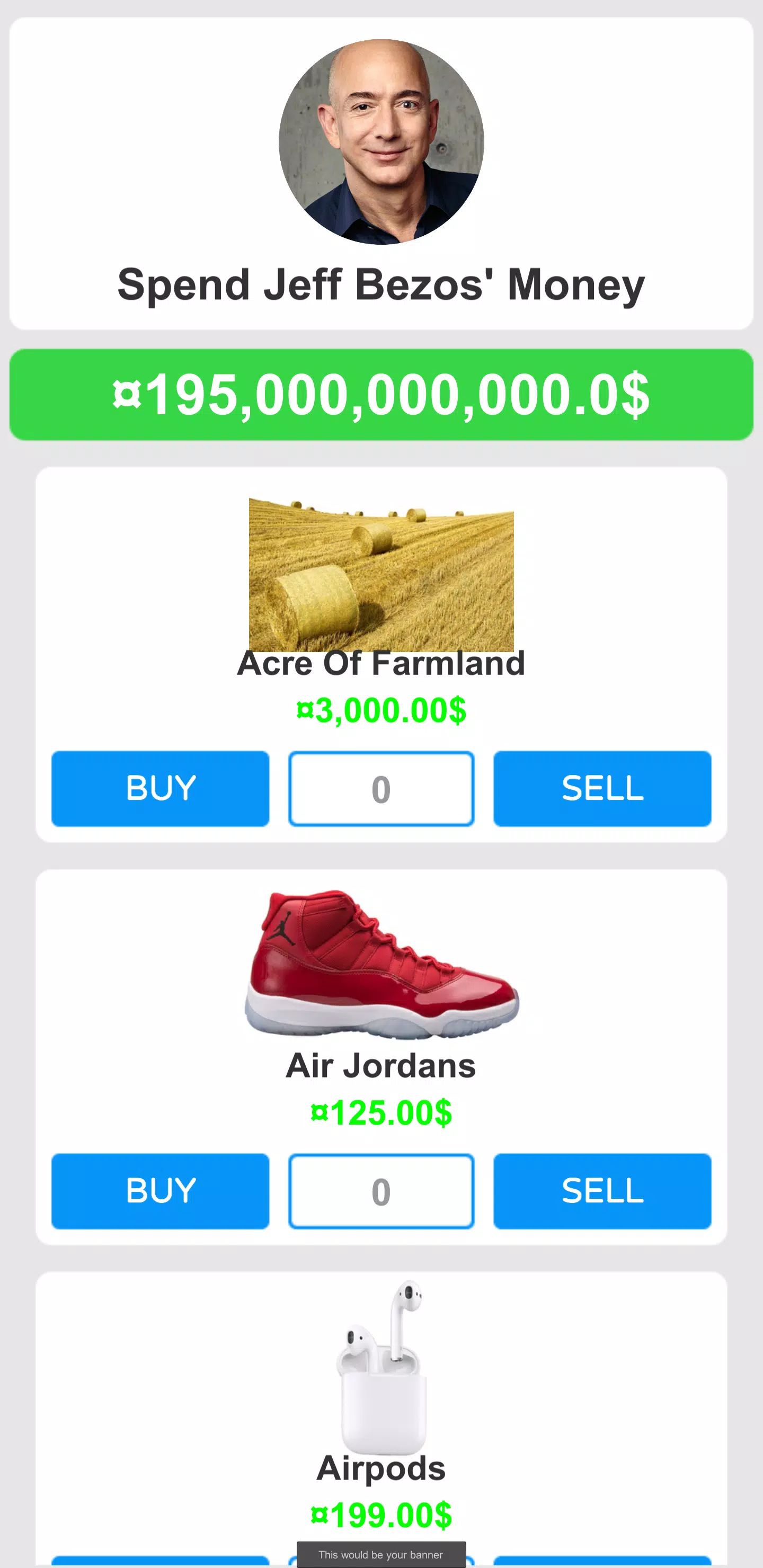 Spend Jeff Bezos' Money - Simu Screenshots