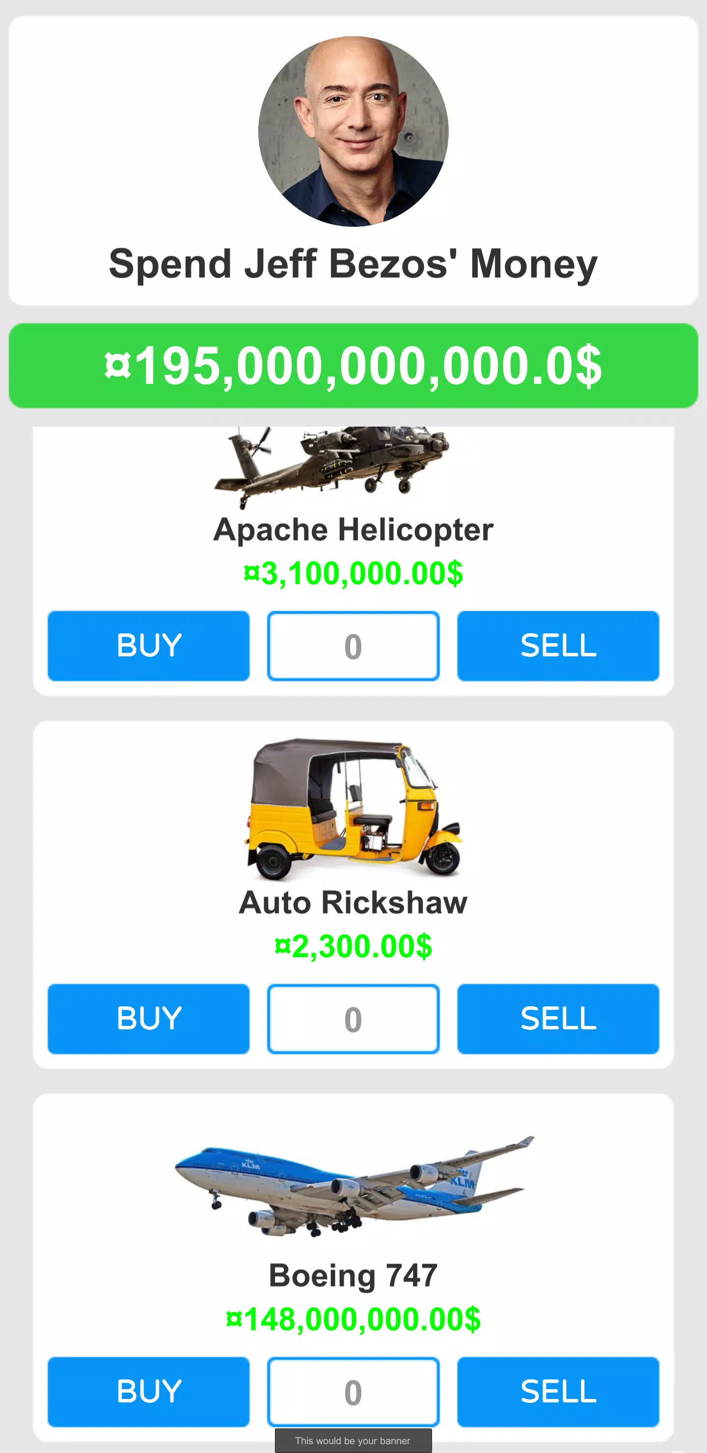 Spend Jeff Bezos' Money - Simu Screenshots