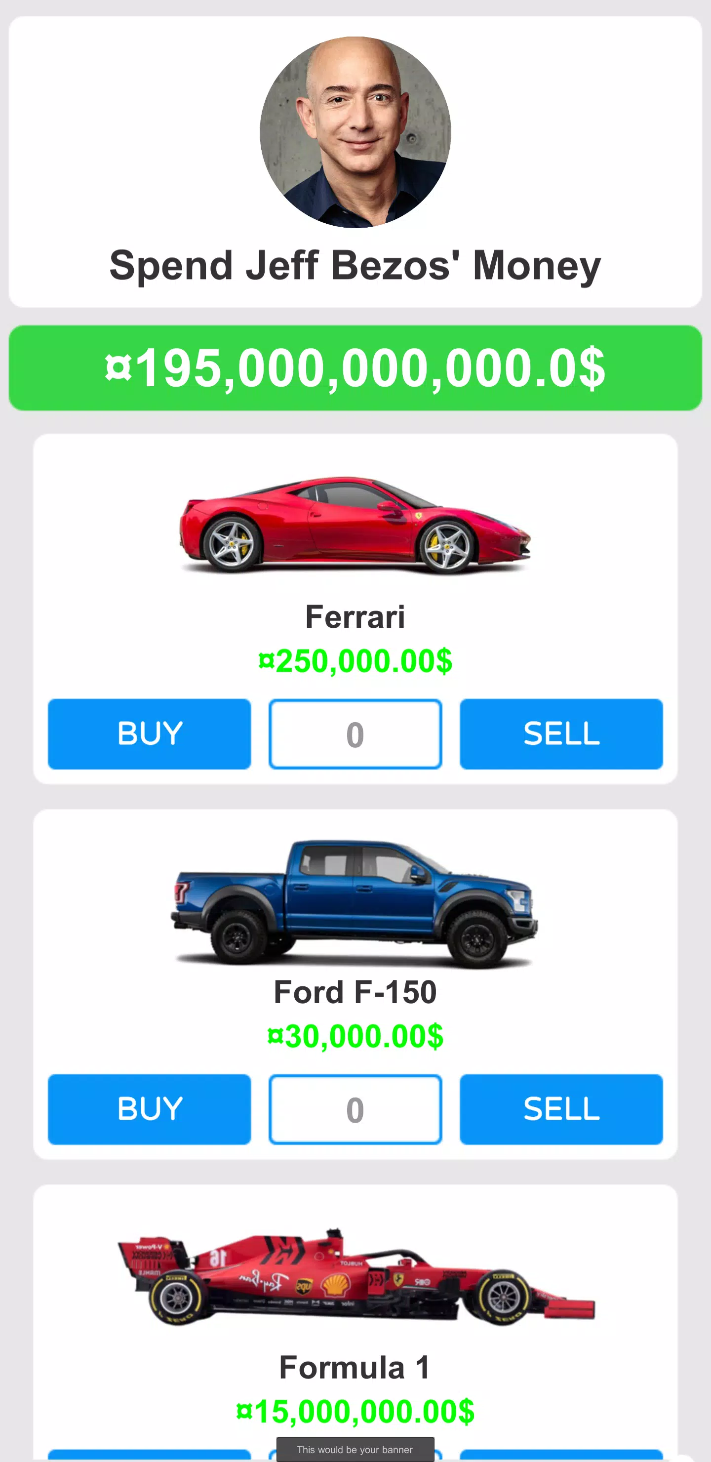 Spend Jeff Bezos' Money - Simu Screenshots