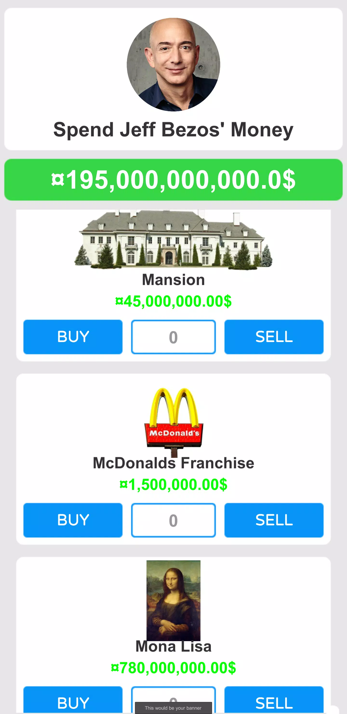 Spend Jeff Bezos' Money - Simu Screenshots