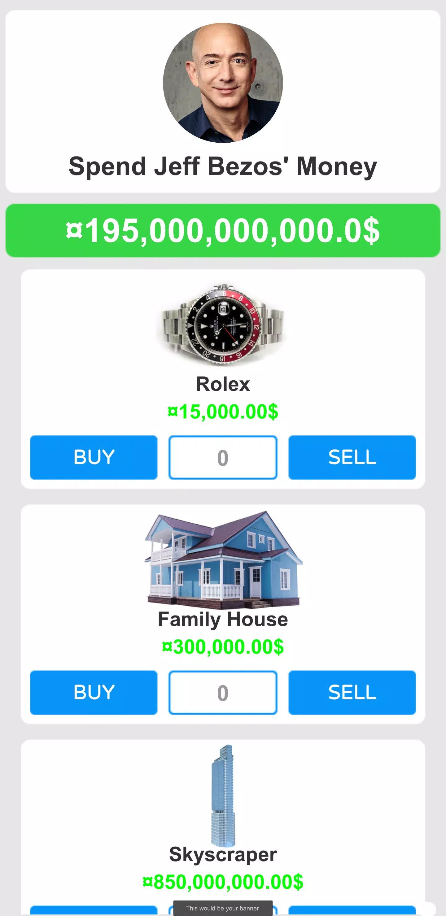 Spend Jeff Bezos' Money - Simu Screenshots