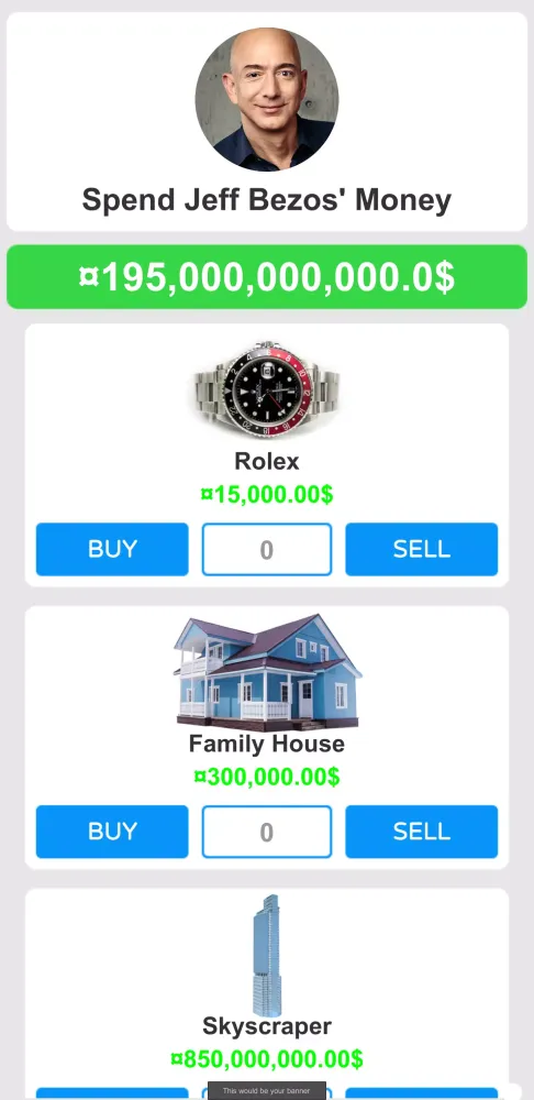 Tangkapan skrin Spend Jeff Bezos' Money - Simu