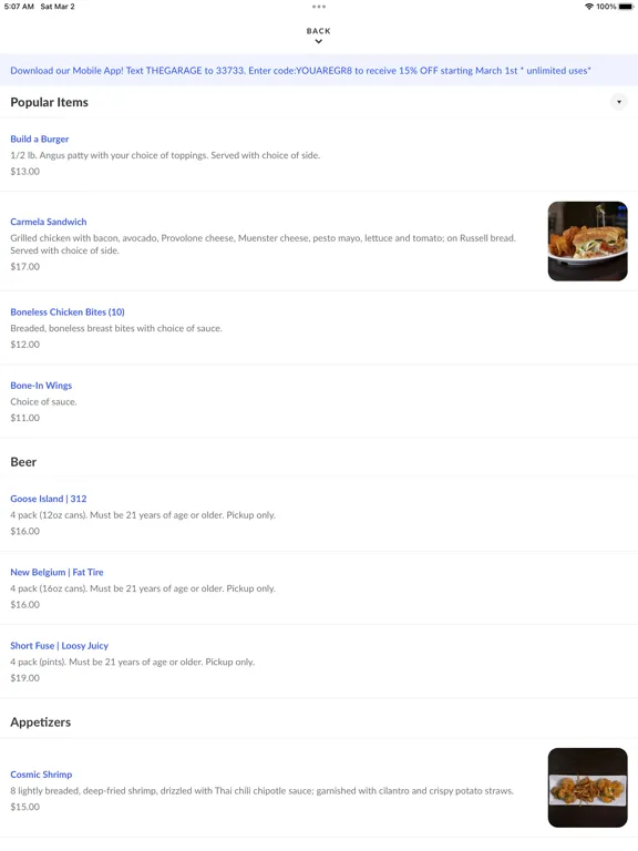The Garage Bar & Sandwiches iPad  Screenshots