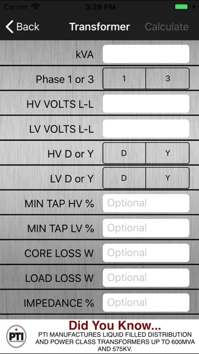 PTI Transformer Screenshots