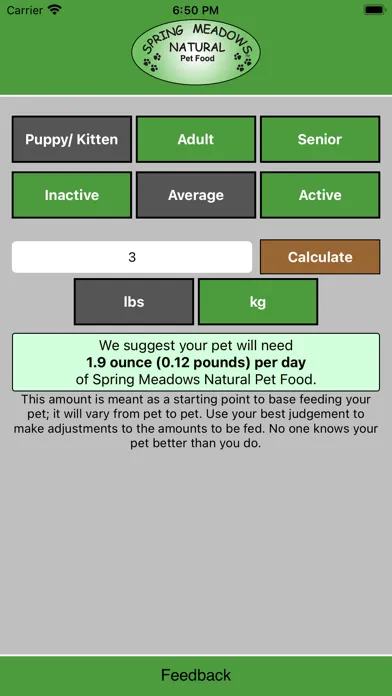 Spring Meadows Feed Calculator سکرین شاٹس