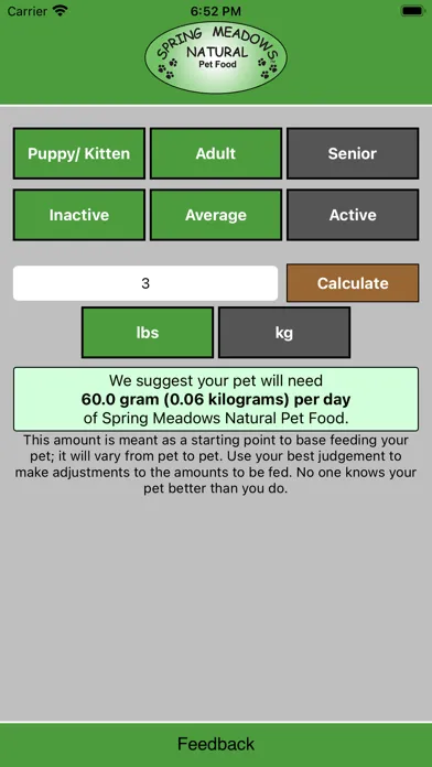 Spring Meadows Feed Calculator سکرین شاٹس