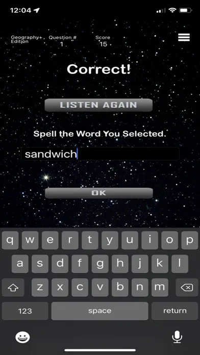 Tangkapan skrin Geography+ - Comet Spelling
