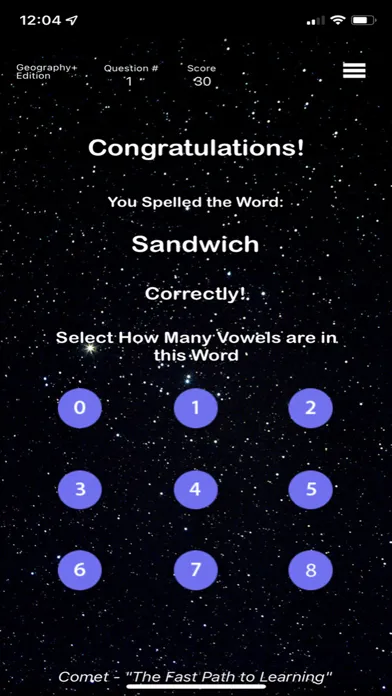 Tangkapan skrin Geography+ - Comet Spelling