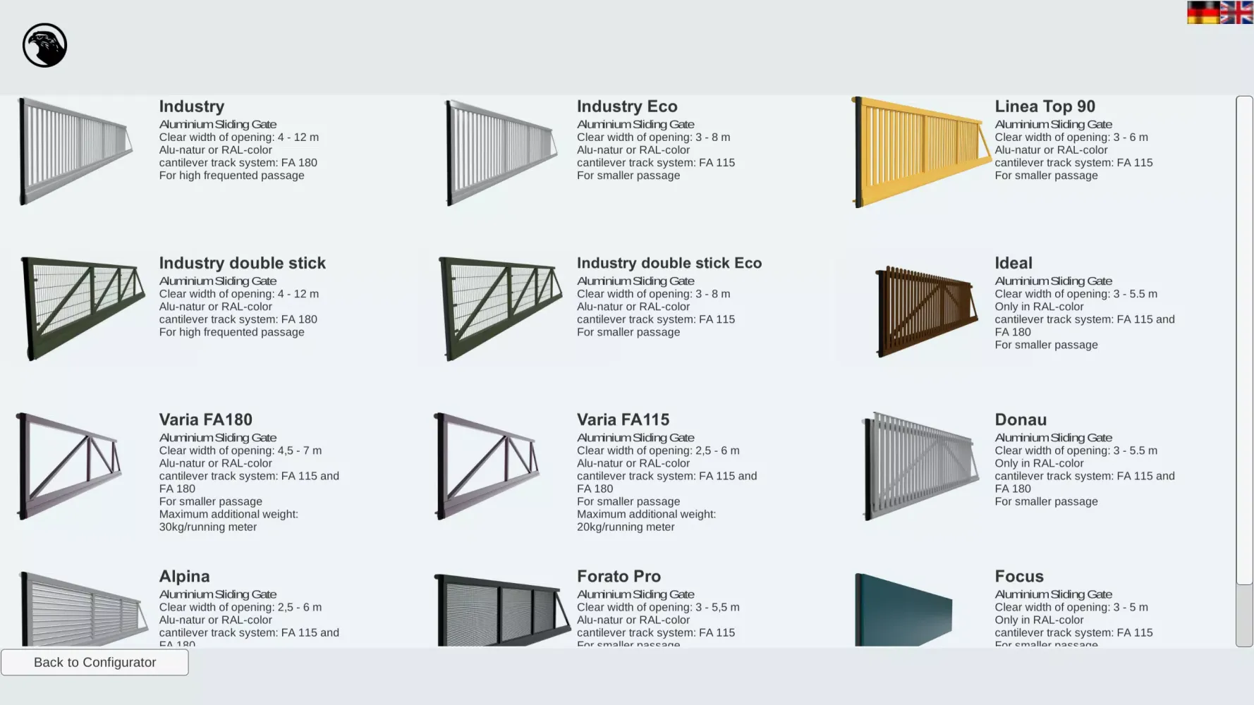 Capturas de tela do Falken Gate Configurator