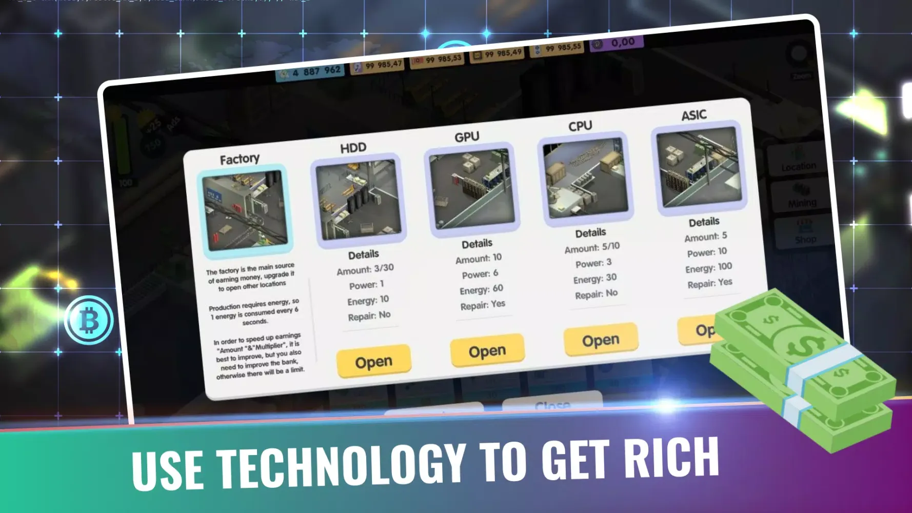 Tangkapan skrin Bitcoin Factory Idle Miner BTC