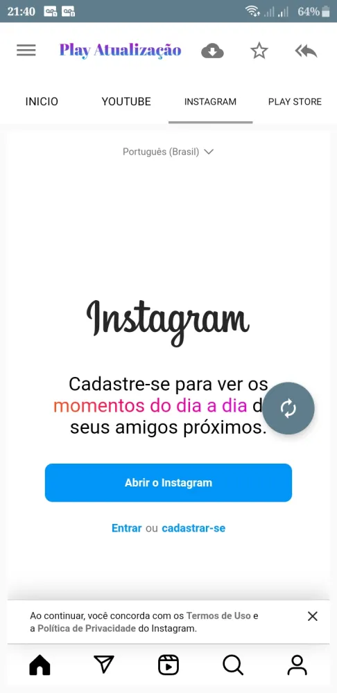 Capturas de tela do Play Atualização 