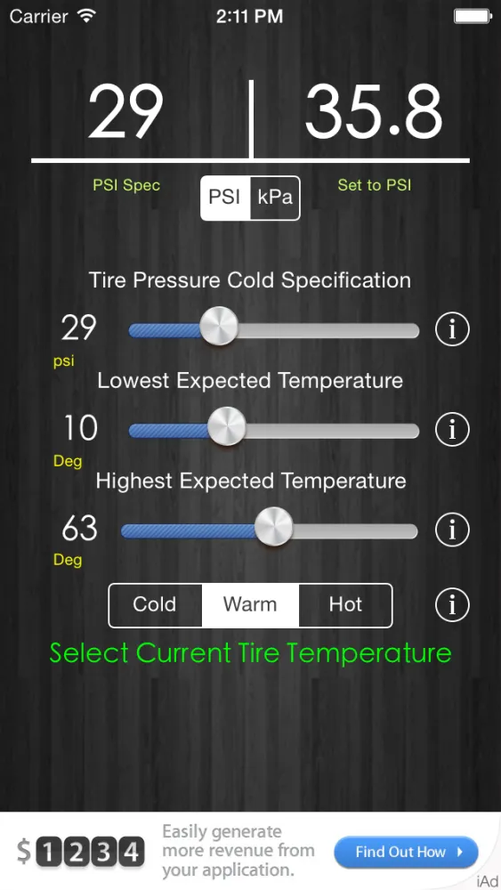 Ảnh chụp màn hình của Tire Pressure Correction