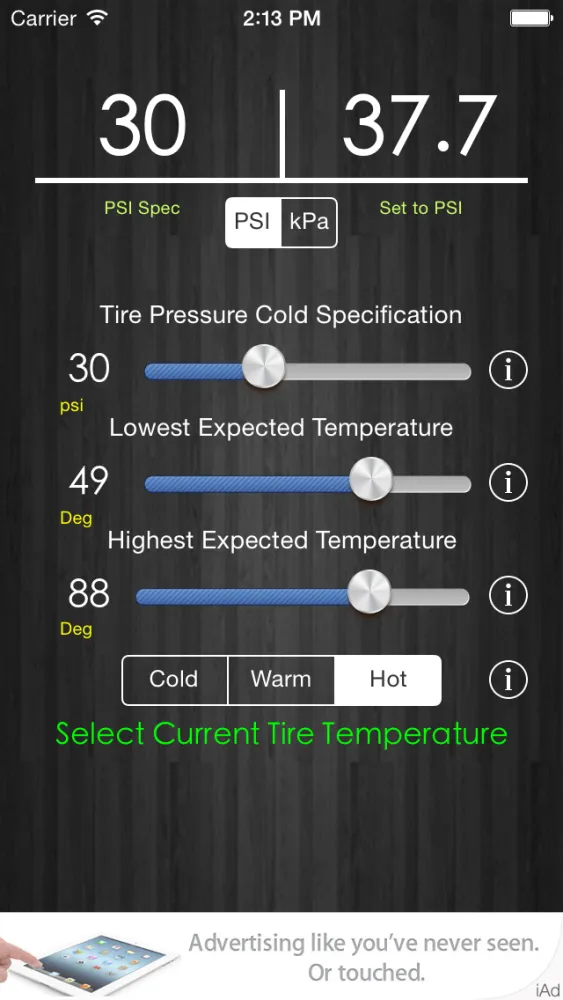 Ảnh chụp màn hình của Tire Pressure Correction