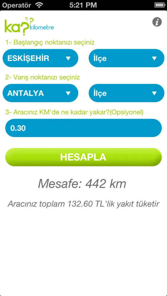Tangkapan skrin Kaç Kilometre