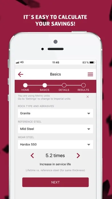 Capturas de tela do Hardox® WearCalc