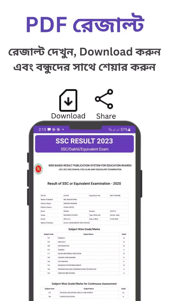 Captures d'écran de SSC Result 2023 (মার্কশীট সহ)