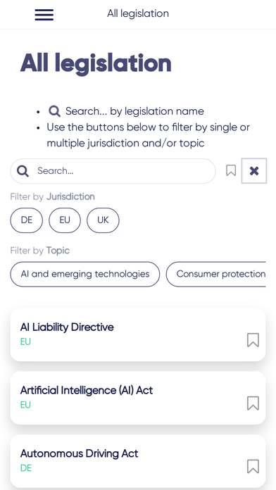Captures d'écran de TW Digital Legislation Tracker