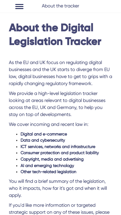 Captures d'écran de TW Digital Legislation Tracker