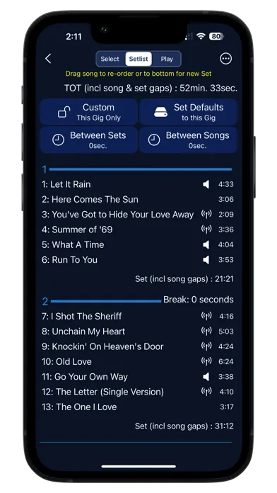 Capturas de tela do GigBag Song Setlist Manager